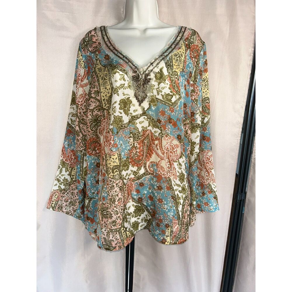 Metro 7 Plus Size 18W/20W Paisley Floral Tunic Blouse Beaded V Neck Boho Top